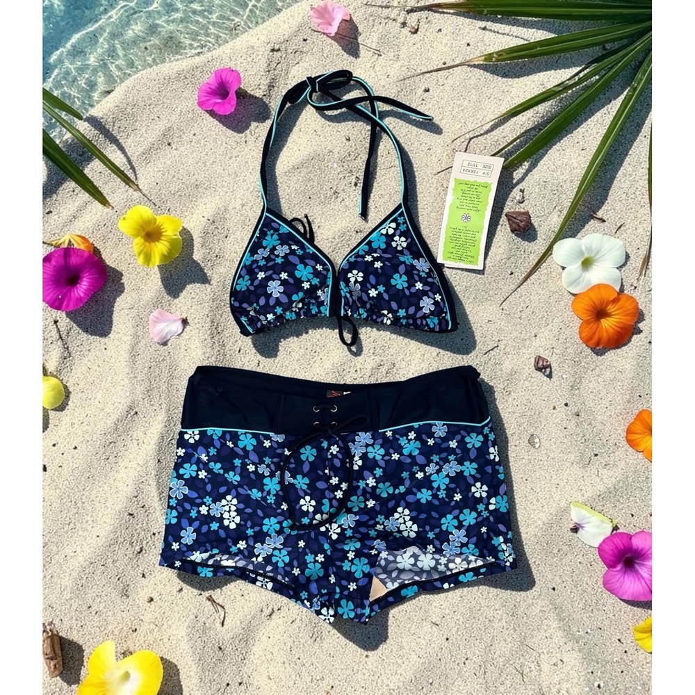 NWT Sears Bikini swimsuit blue floral SIZE 11/12 top and 13/14 bottoms/shorts